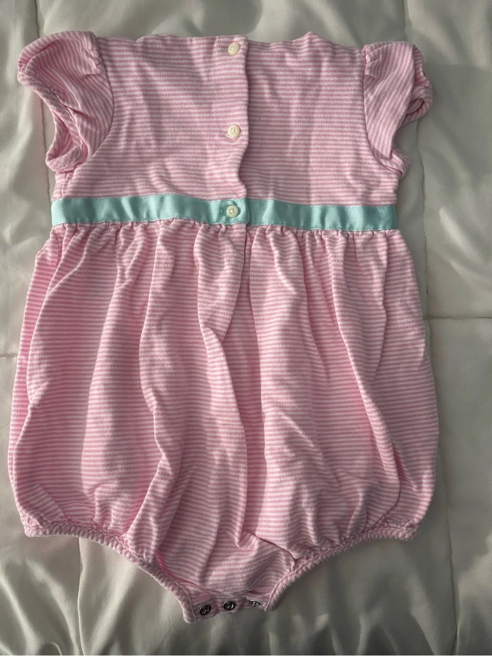 Ralph Lauren Baby Girls Pink Striped Bubble Romper | 18M | Ribbon Waist